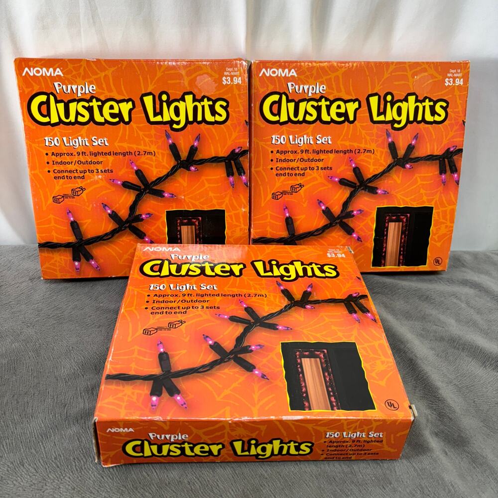 NOMA Halloween 150 Cluster Lights 9 Ft. Lot of 3 Purple Bulb Black Cord In/Out